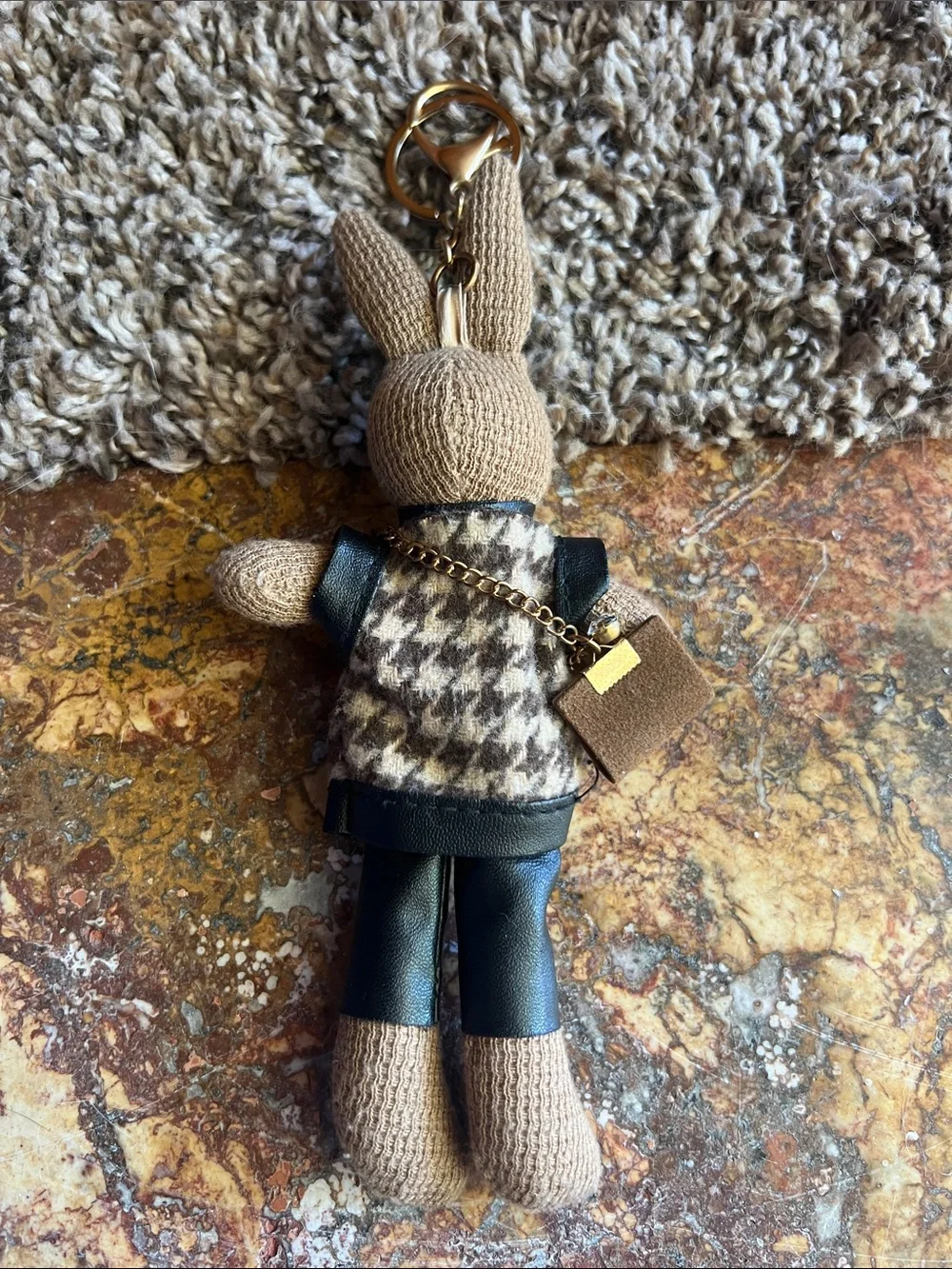 Tan Knit Bunny Keychain with Houndstooth Sweater